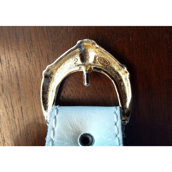 Vintage‎ NAN LEWIS White Leather Belt M/L Gold Tone Curved Buckle - Picture 10 of 11